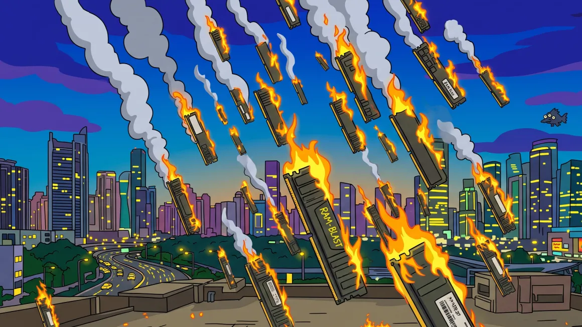 Cartoon of burning RAM sticks falling like meteors over a city skyline at dusk